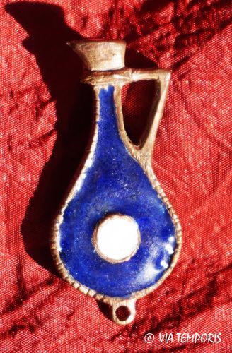 ANCIENT ROMAN JEWELRY - BRONZE ENAMELED PITCHER FIBULA - BLUE COLOR