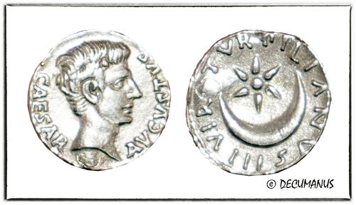 DENARIUS OF AUGUSTUS WITH STAR AND CRESCENT (18 BC) - REPRODUCTION ROMAN EMPIRE