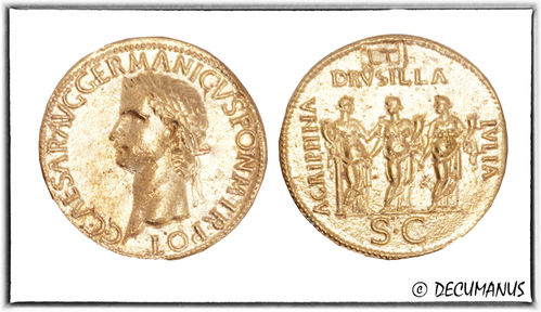 SESTERCE OF CALIGULA WITH HIS THREE SISTERS (37-38) - REPRODUCTION OF ROMAN EMPIRE