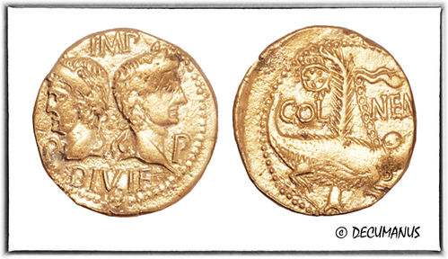 DUPONDIUS OF NIMES WITH HEADS OF AUGUST AND AGRIPPA (10-14) - REPRODUCTION