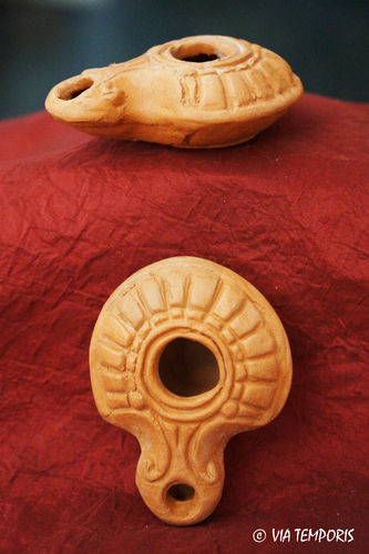 GREEK OIL LAMP WITH WIDE CENTRAL HOLE