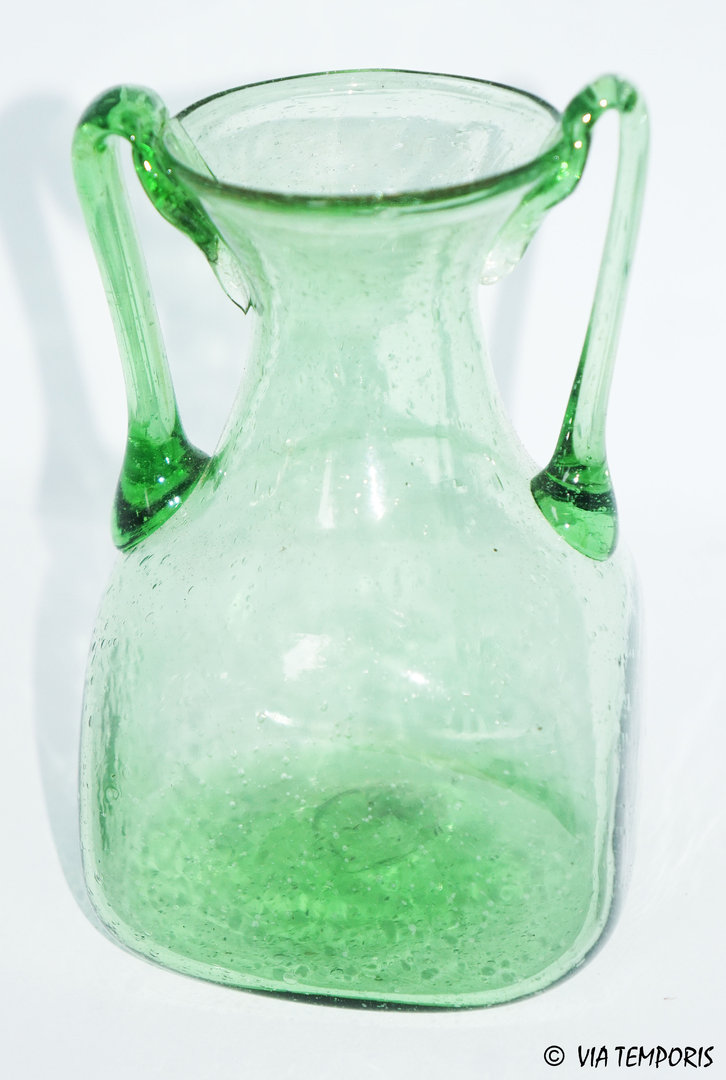 GALLO-ROMAN GLASSWARE - SMALL BOTTLE TWO HANDLES IN GREEN COLOR