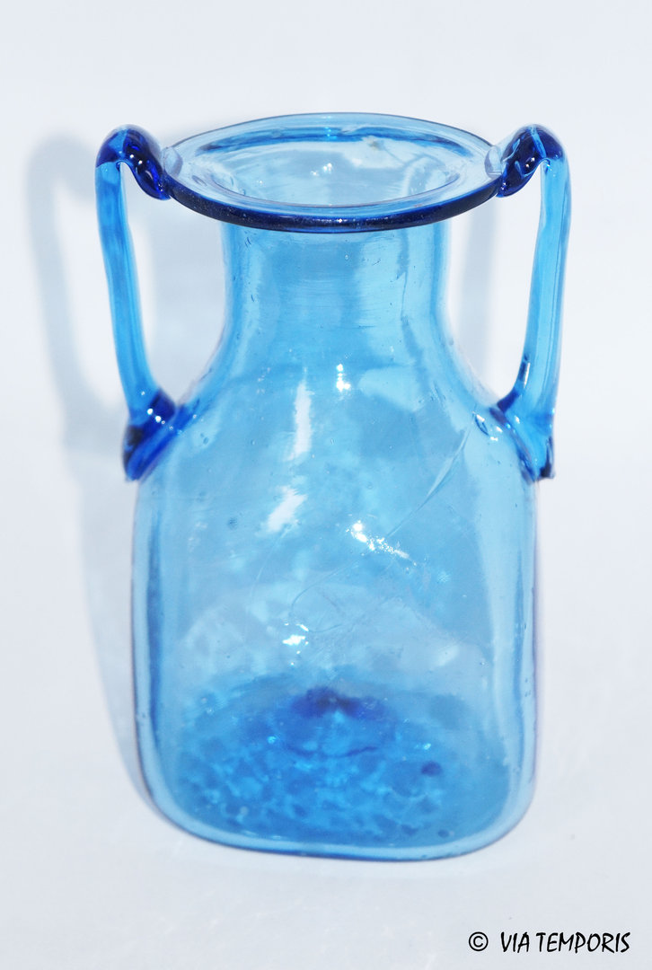 GALLO-ROMAN GLASSWARE - SMALL BOTTLE WITH TWO HANDLES IN BLUE COLOR
