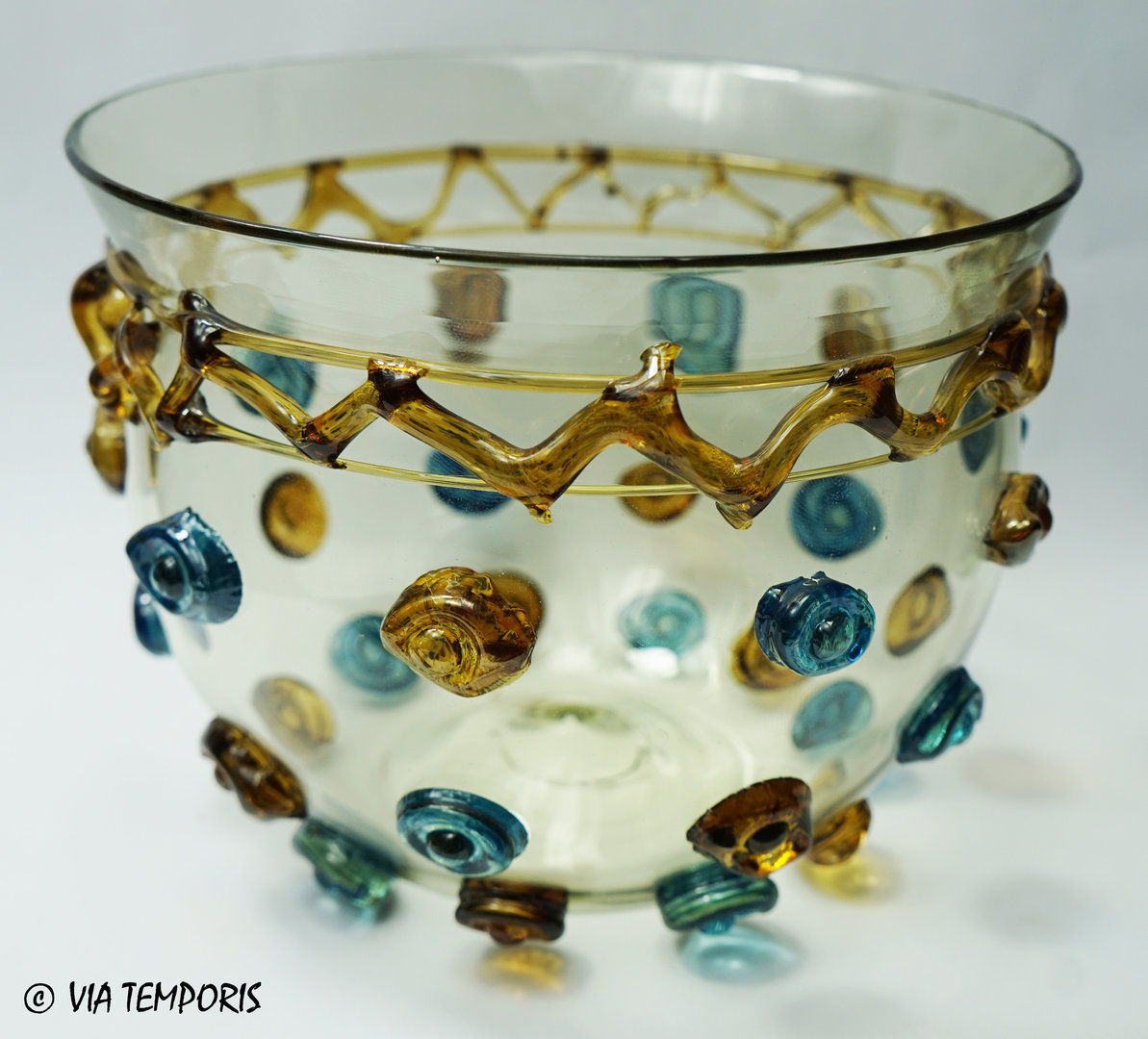 GALLO-ROMAN GLASSWARE - GREAT BOWL WITH COLORED DOTS AND ZIG ZAG LINES