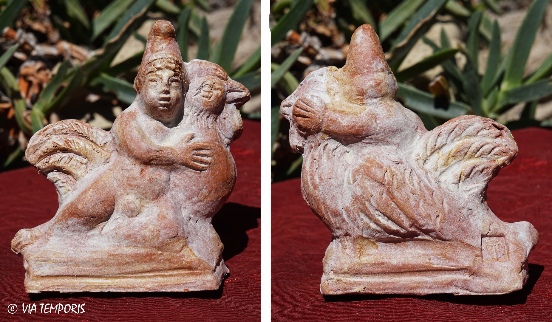 GALLO-ROMAN CERAMIC - CHILD WITH PHRYGIAN HAT RIDING A ROOSTER STATUETTE