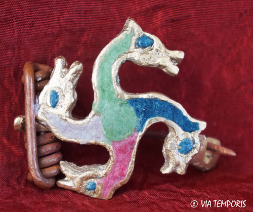 ANCIENT JEWELRY - BRONZE ENAMELED FIBULA WITH  SWASTIKA WITH HORSES HEADS SHAPE