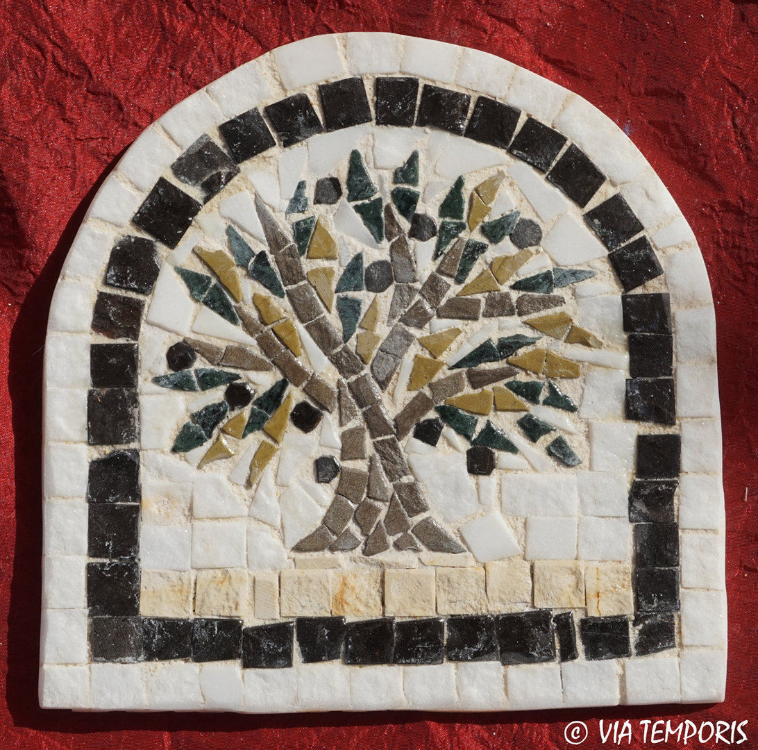 ROMAN MOSAIC - SMALL MEDALLION WITH AN OLIVE TREE - ARCHED FORM