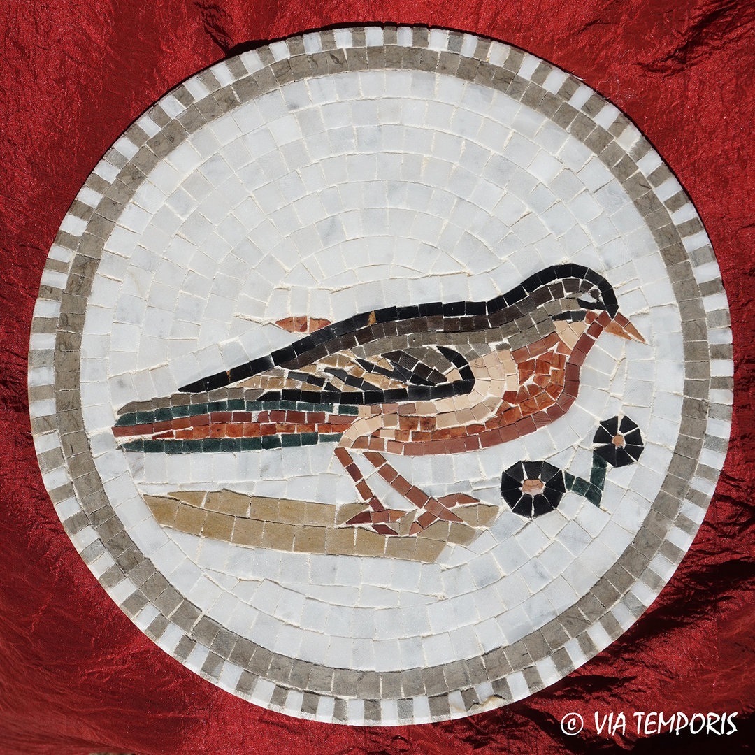 ROMAN MOSAIC - MEDALLION WITH A SPARROW AND CHERRIES - ROUND MODEL