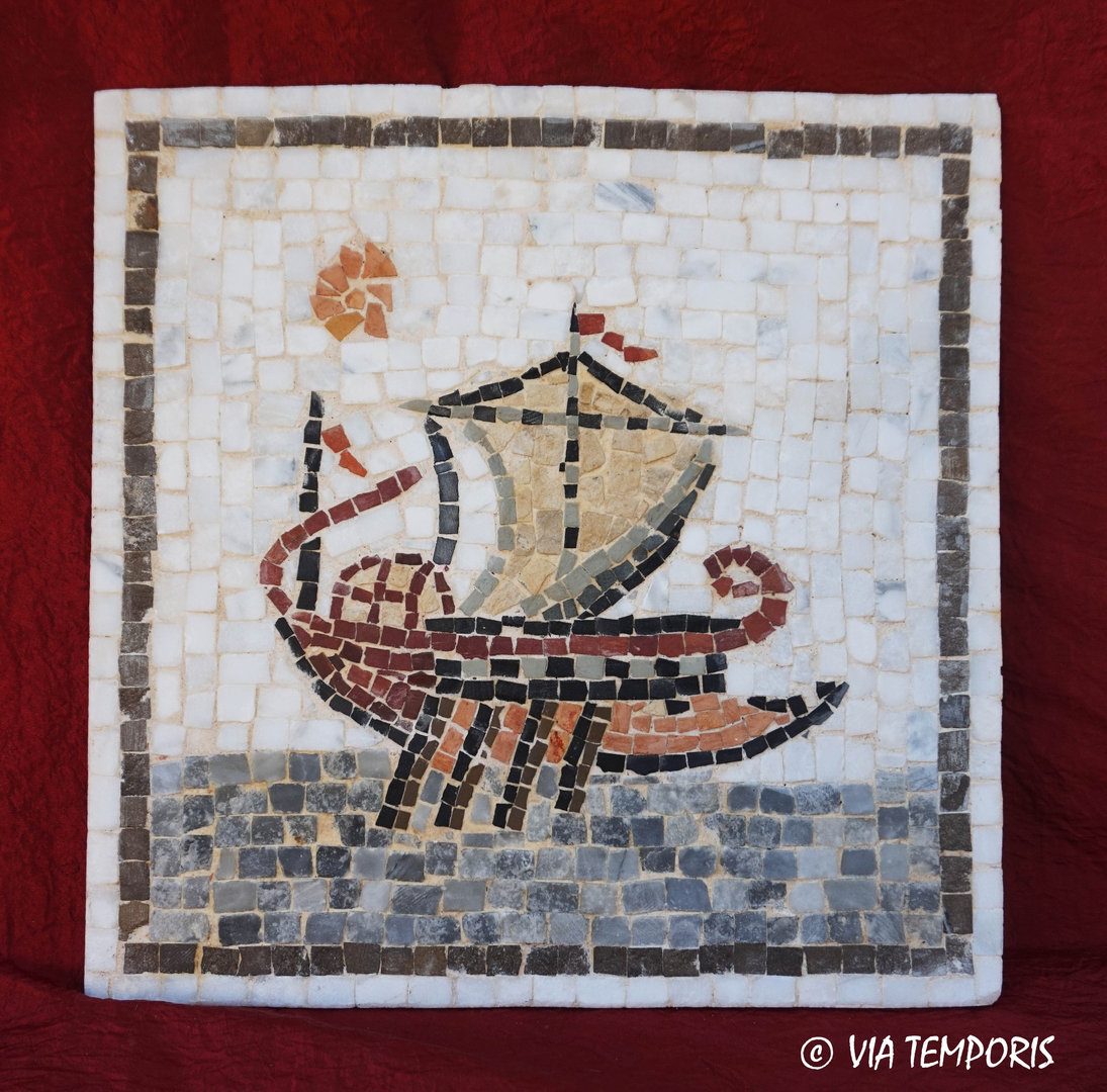 ROMAN MOSAIC - MEDALLION WITH A ROMAN SHIP