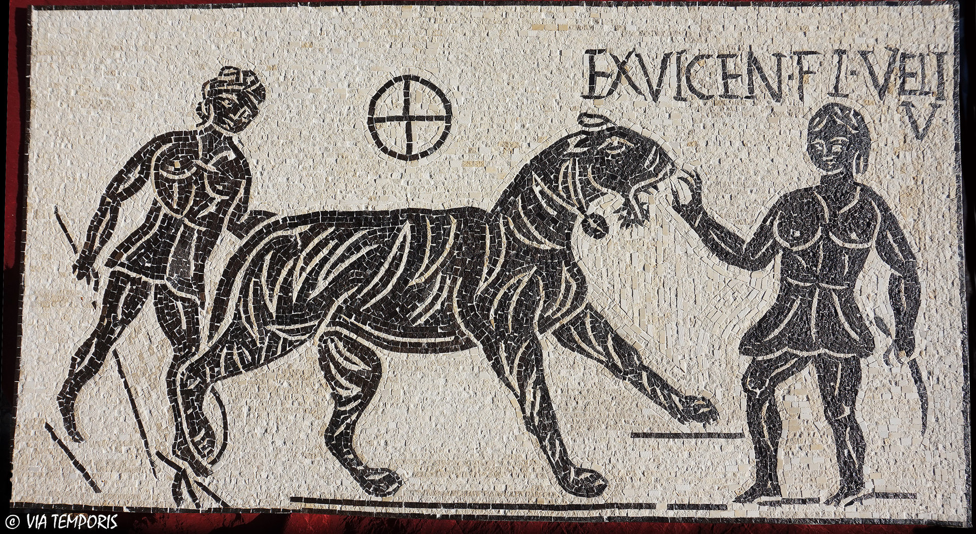 ROMAN MOSAIC - TIGER FIGHT WITH A FEMALE GLADIATOR