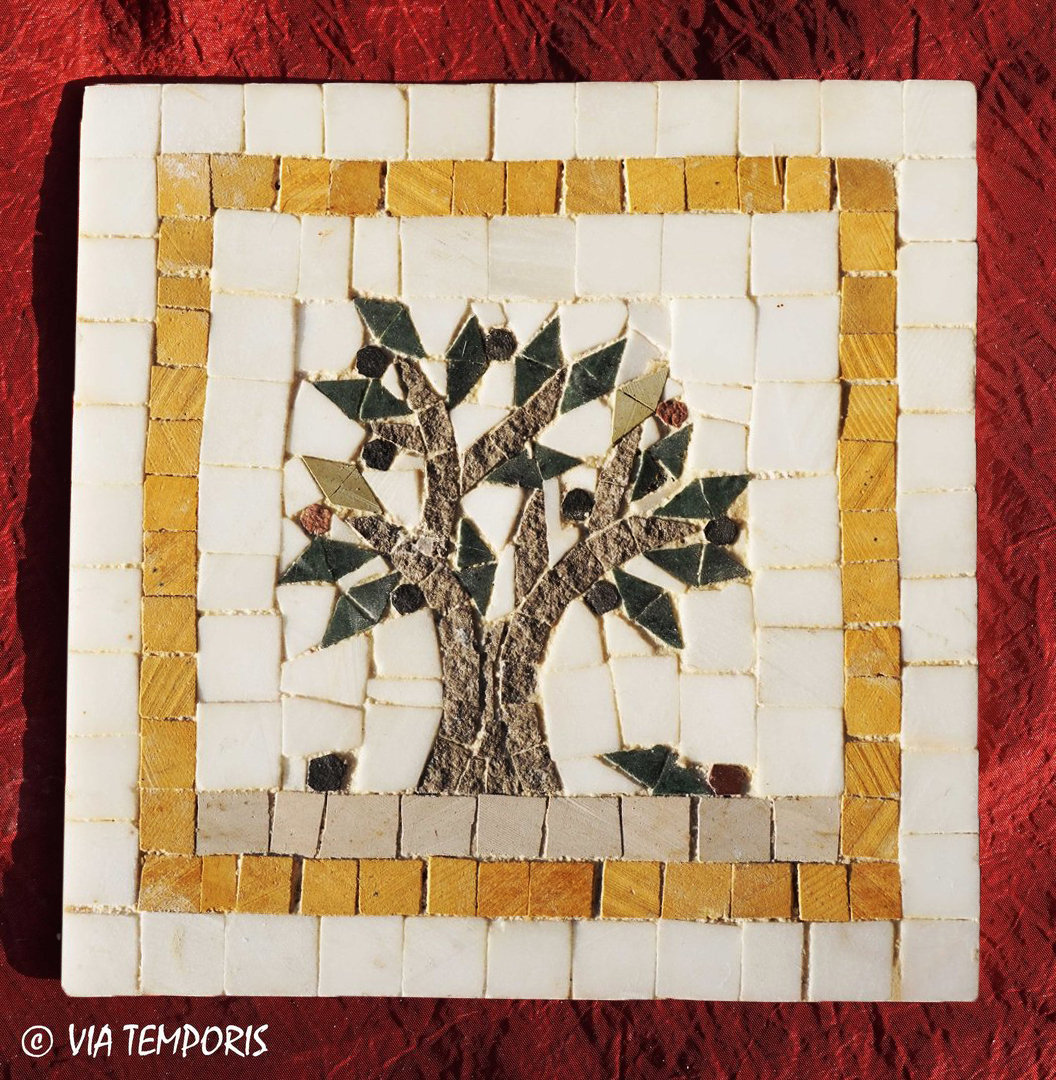 ROMAN MOSAIC - SMALL MEDALLION WITH AN OLIVE TREE - SQUARE MODEL 15 X 15 CM