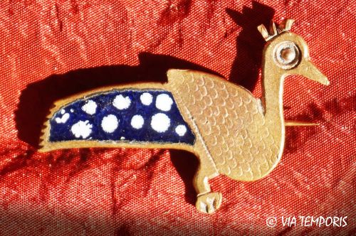 ANCIENT JEWELRY - BRONZE ENAMELED FIBULA WITH PEACOCK SHAPE - BLUE COLOR