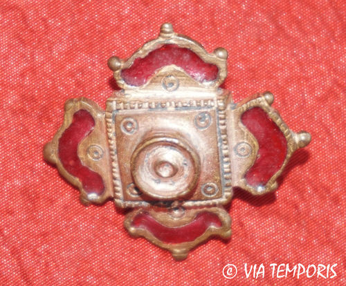 ANCIENT JEWERLY - BRONZE ENAMELED CRUCIFORM FIBULA RED COLOR