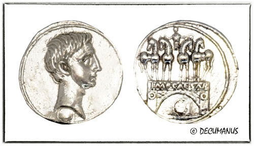 DENARIUS OF OCTAVIUS WITH TRIUMPHAL ARCH (30-29 BC) - REPRODUCTION OF ROMAN REPUB