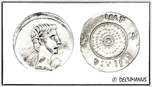 DENARIUS OF OCTAVIUS WITH VOTIVE SHIELD (35-34 BC) - REPRODUCTION OF ROMAN REPUB