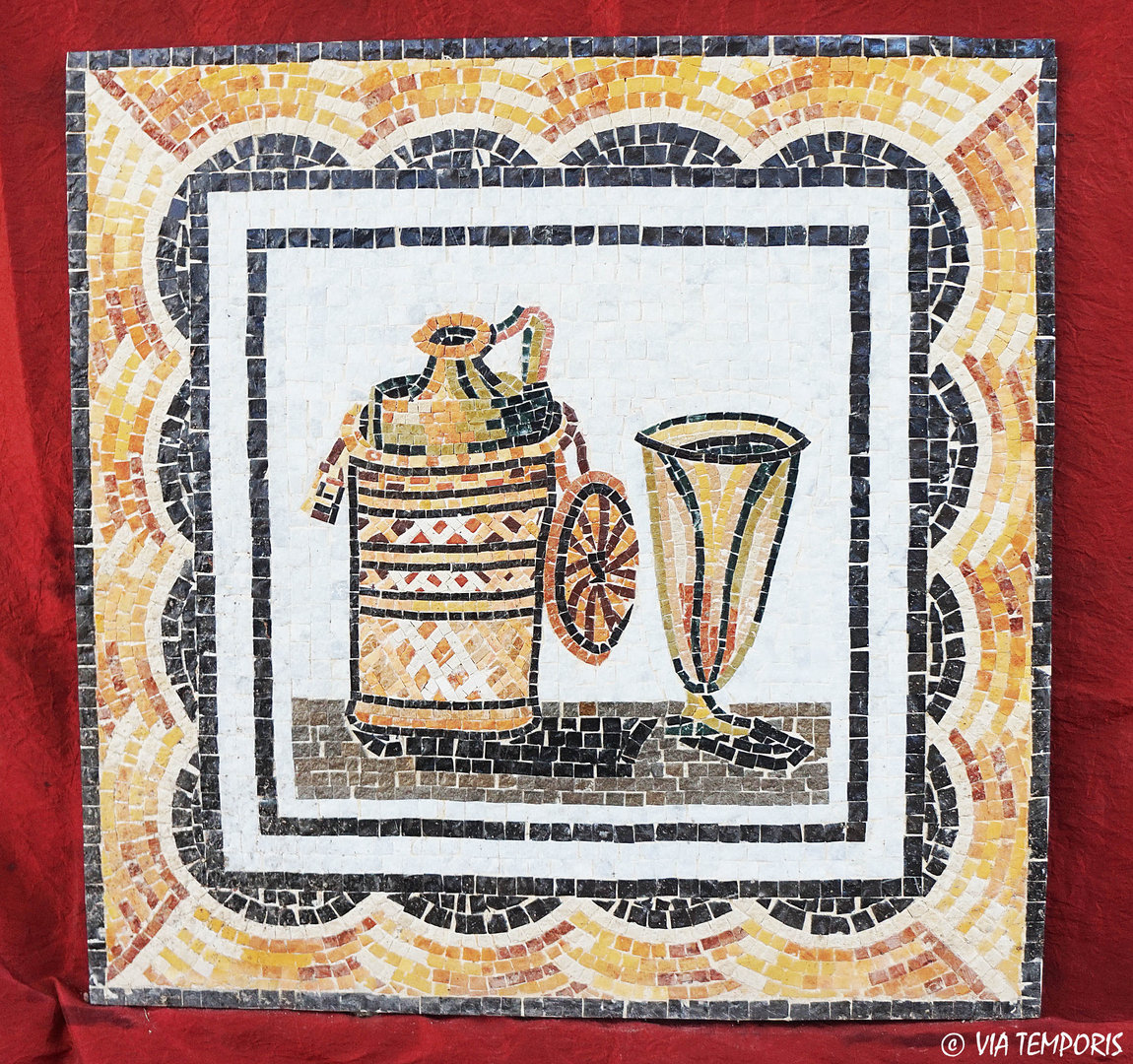 ROMAN MOSAIC - STILL LIFE WITH VINE BOTTLE AND GLASS