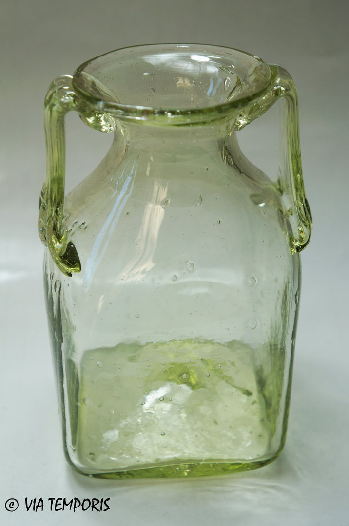 GALLO-ROMAN GLASSWARE - SMALL BOTTLE TWO HANDLES IN GREEN COLOR